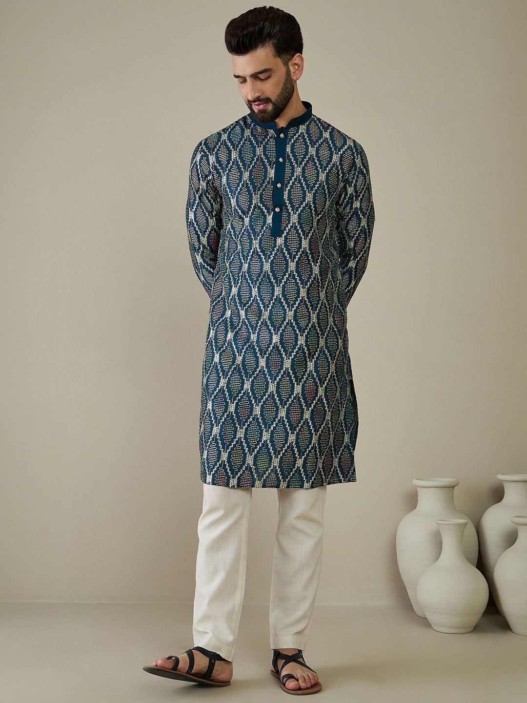 

Anouk Men Ethnic Motifs Embroidered Thread Work Kurta, Teal