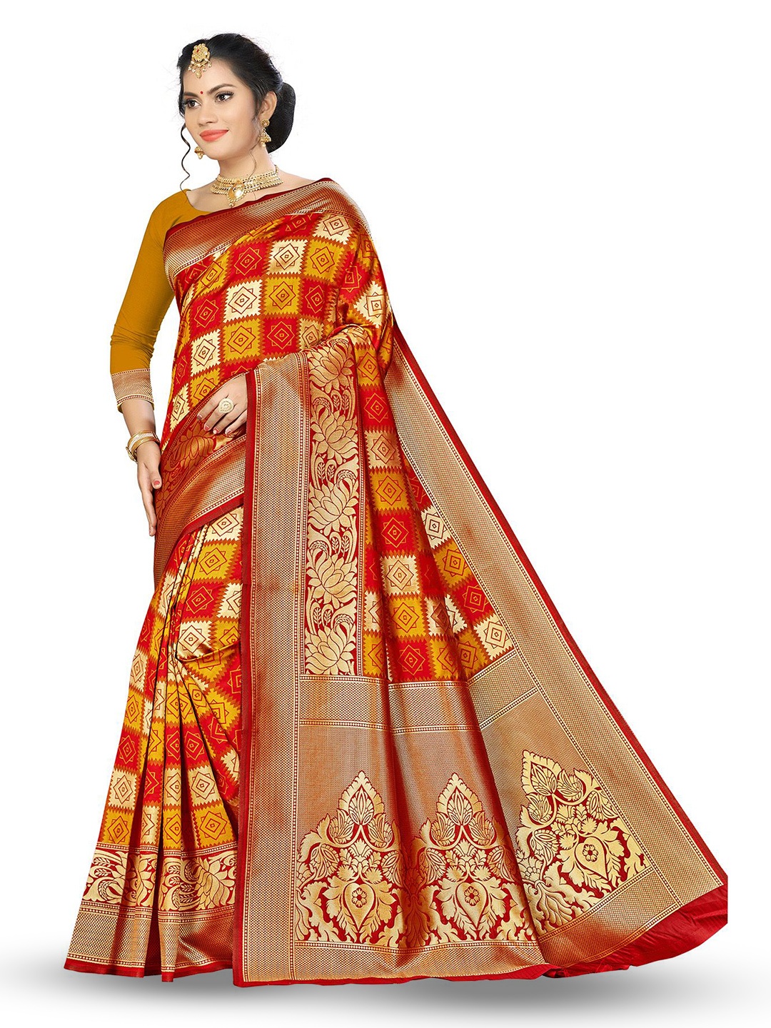 

Maroosh Geometric Woven Design Zari Banarasi Saree, Red
