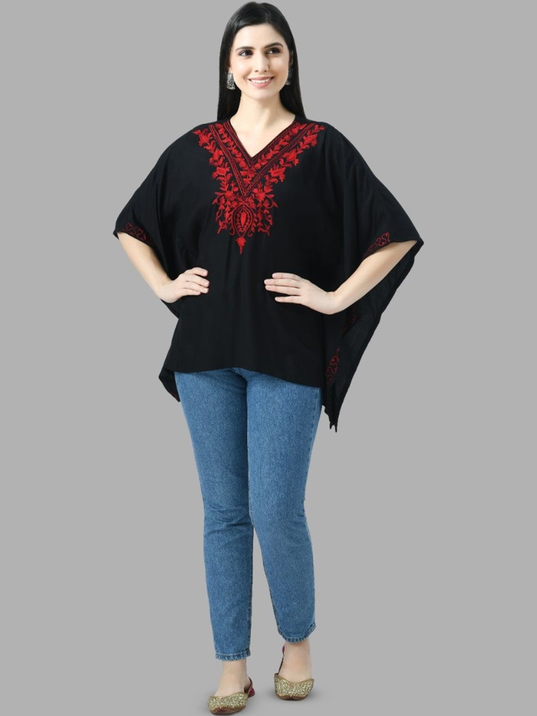 

Qazmi V-Neck Flared Sleeves Aari Work Kaftan Kurti, Black