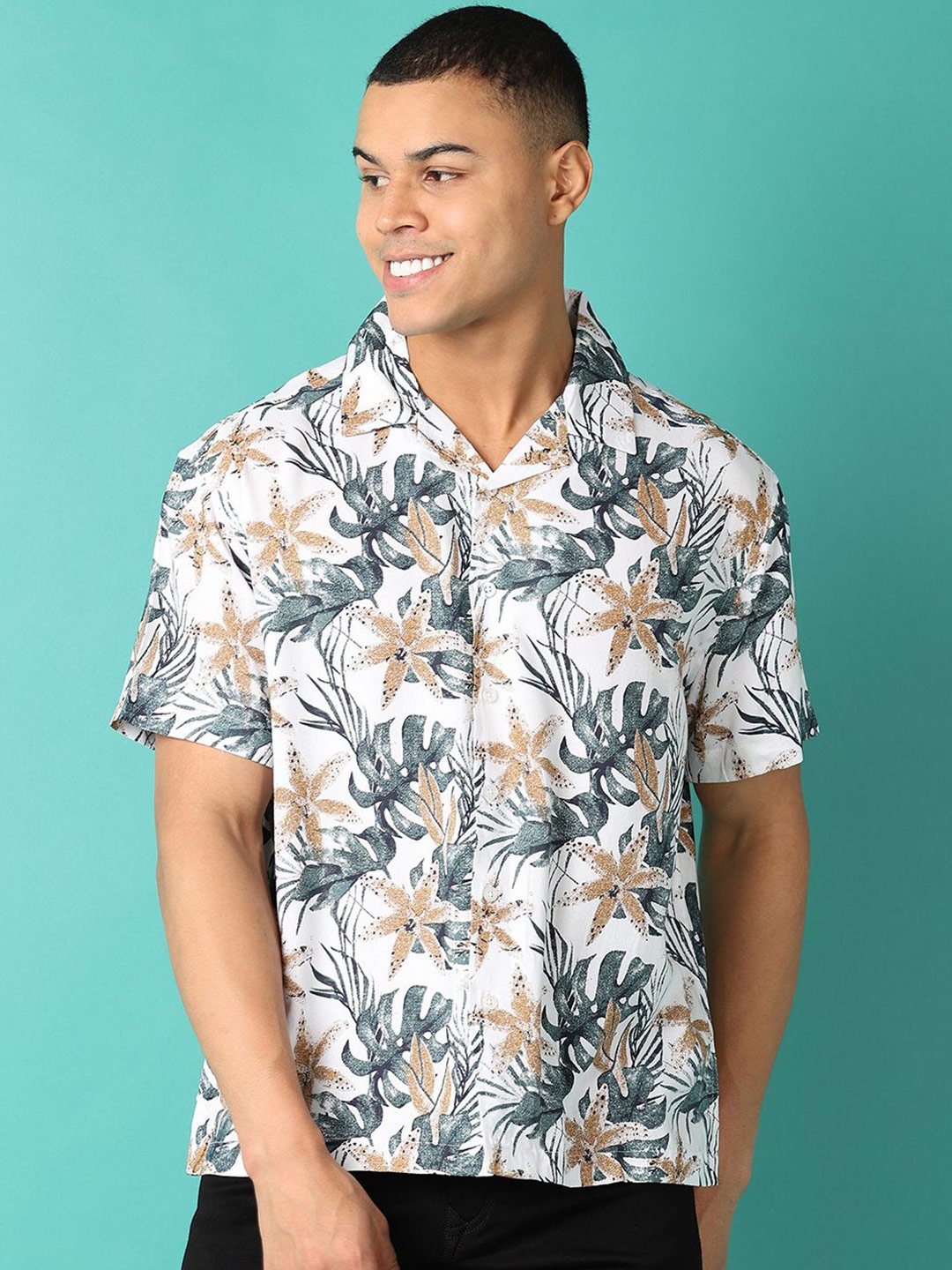 

V-Mart Men Cuban Collar Abstract Printed Casual Shirt, White