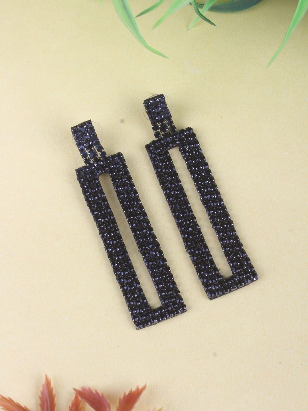 

KPOP Brass-Plated Contemporary Rhinestone Studded Drop Earrings, Black