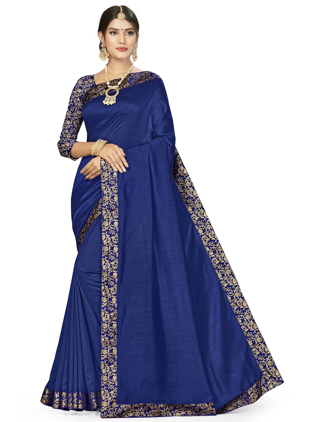 

Maroosh Solid Woven Design Border Saree With Blouse Piece, Navy blue