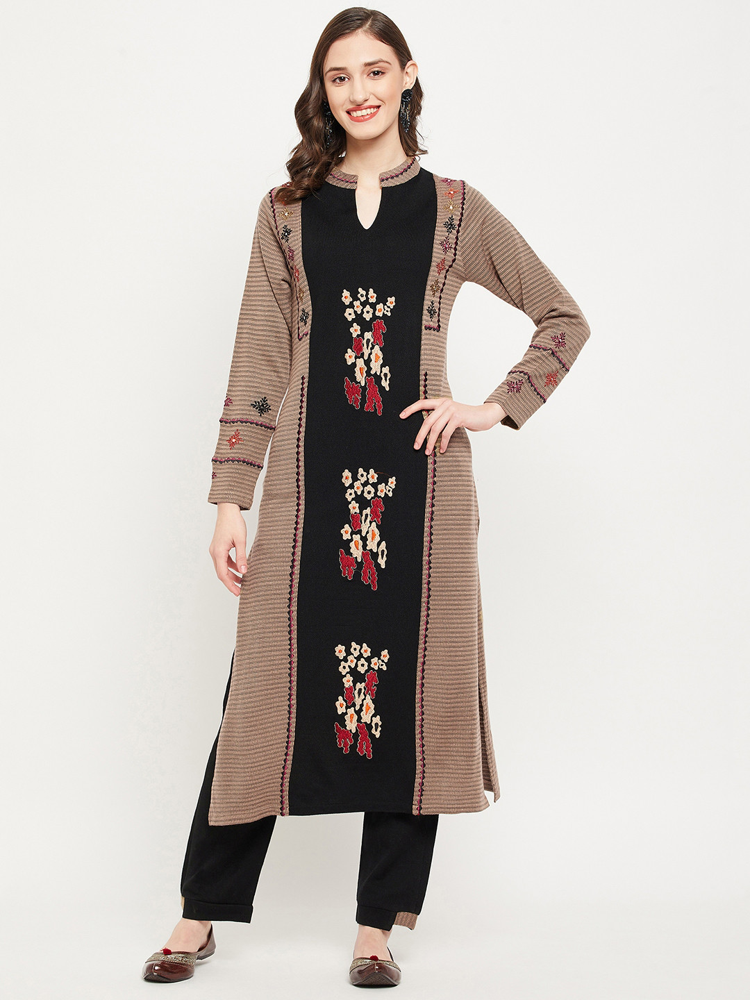

Zigo Ethnic Motifs Embroidered Regular Thread Work Pure Wool Straight Kurta with Palazzos, Beige