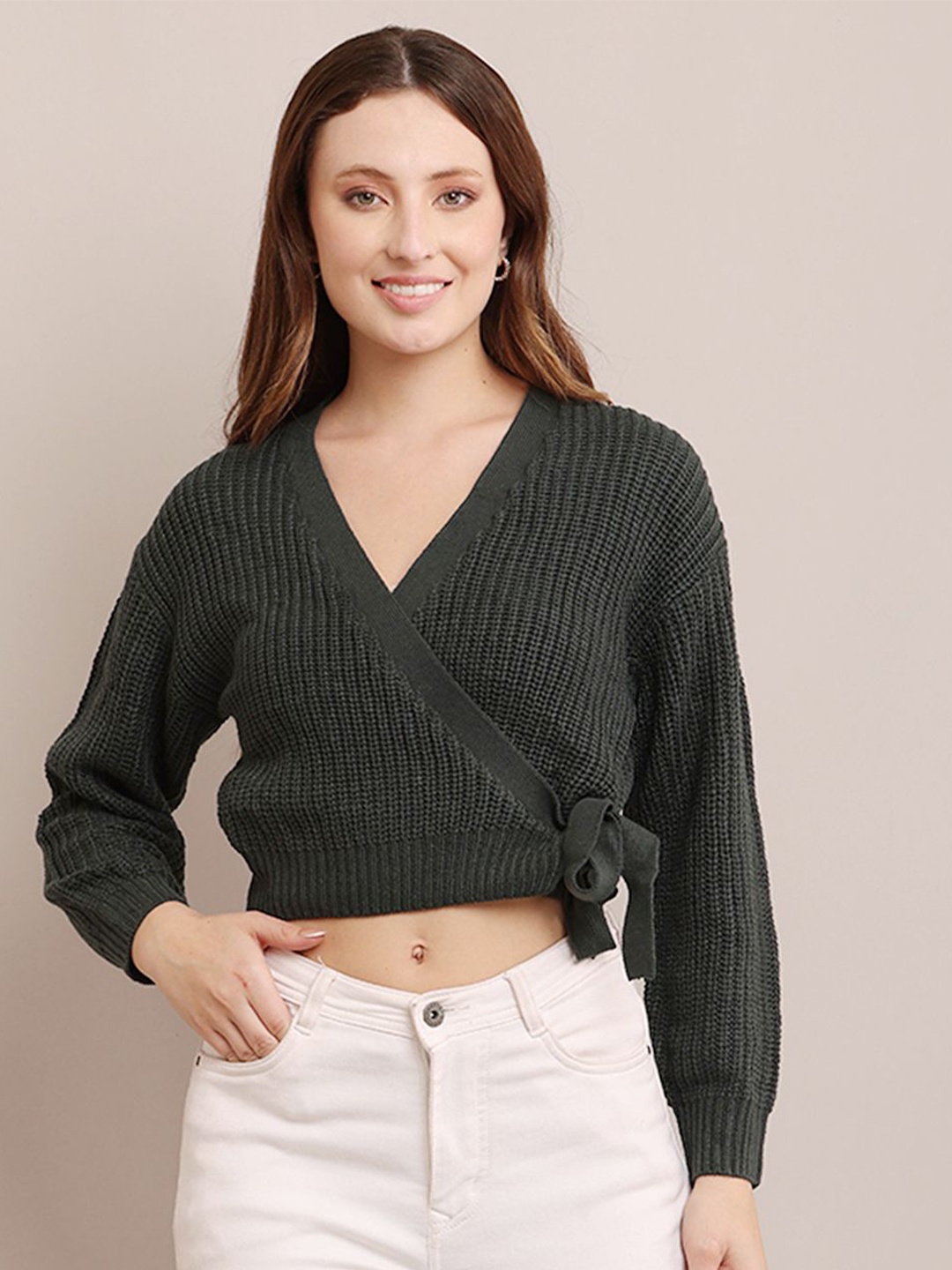 

NoBarr Women Cable Knit V-Neck Front-Open Ribbed Sweater, Green
