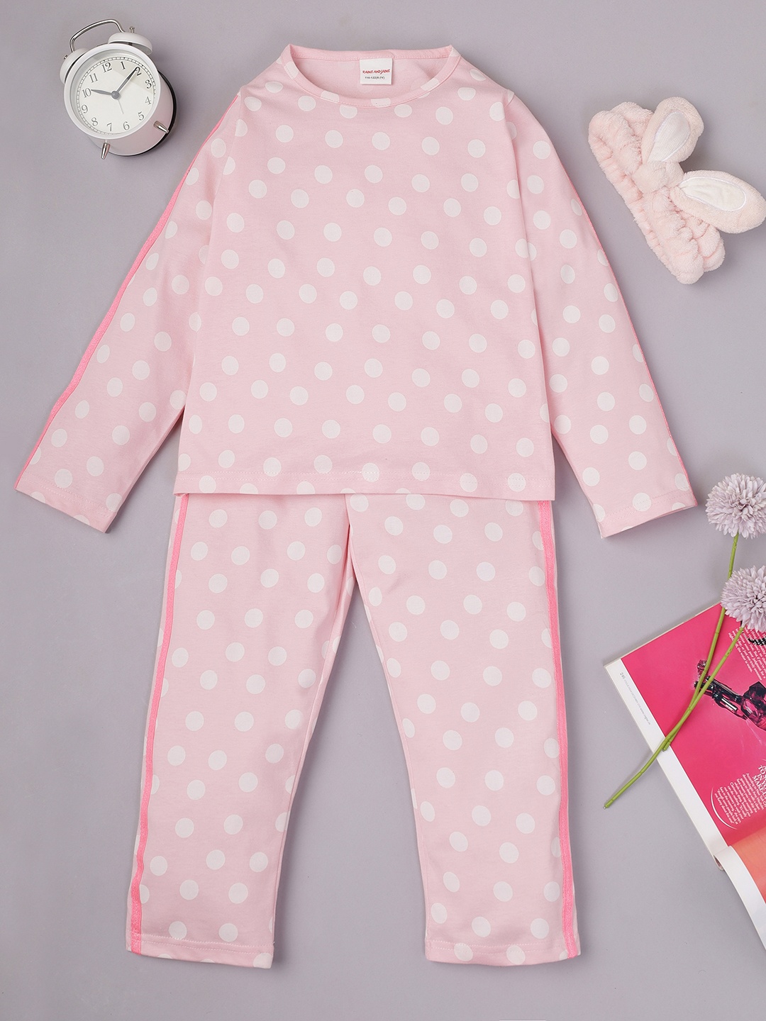 

RAINE AND JAINE Girls Polka Dot Printed Pure Cotton Night suit, Pink
