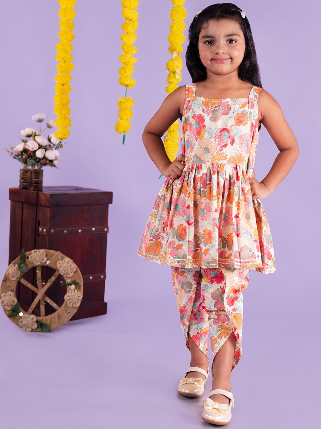 

AATYA KIIDS Girls Floral Printed Anarkali Pure Cotton Kurta with Dhoti Pant, White