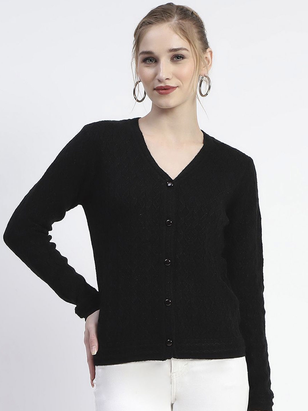 

Madame Women Self Design Ribbed Cardigan Sweater, Black