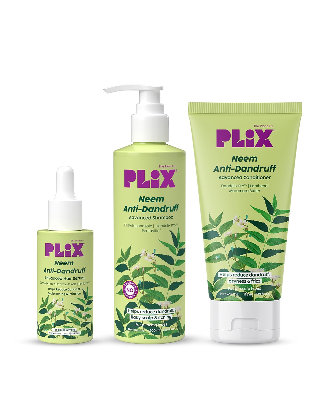 

PLIX THE PLANT FIX Set Of 3 Neem Anti Dandruff Shampoo With Serum & Conditioner, Green