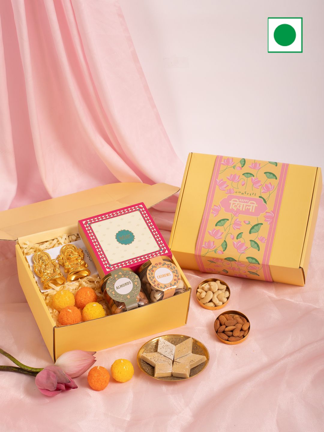 

Confetti Gifts 7-Pcs Dry Fruits Sweets With Idols & Candle Gift Set, Yellow