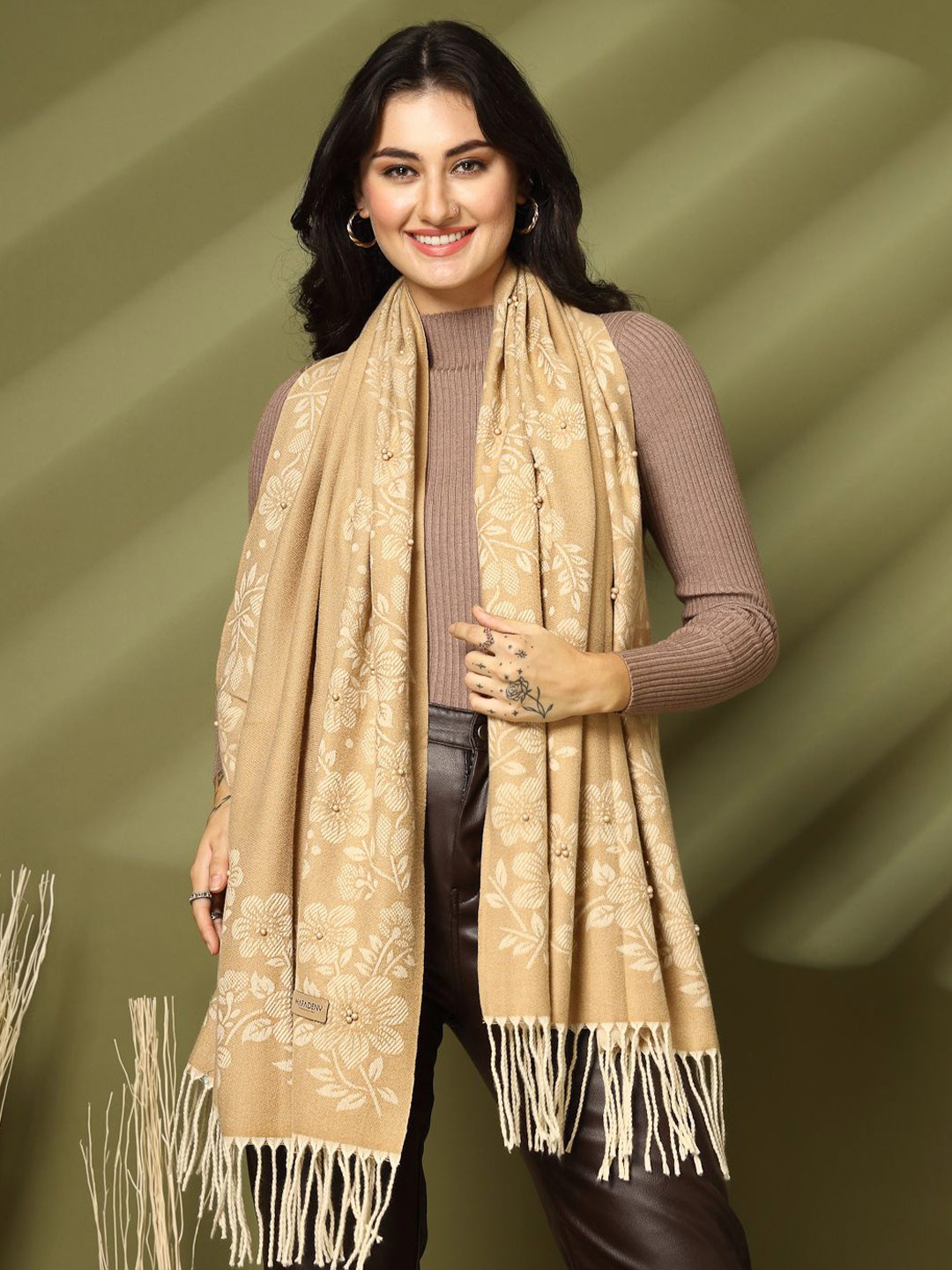 

Mafadeny Women Floral Printed Stole, Beige