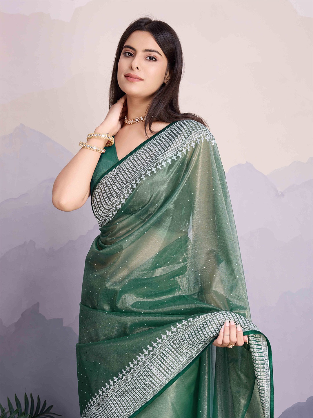 

Mitera Embellished Beads and Stones Net Saree, Green