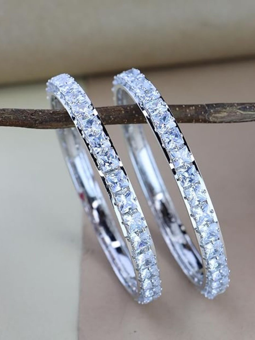 

I Jewels Set of 2 Sliver Plated Cubic Zirconia Stone Studded Bangles, Silver