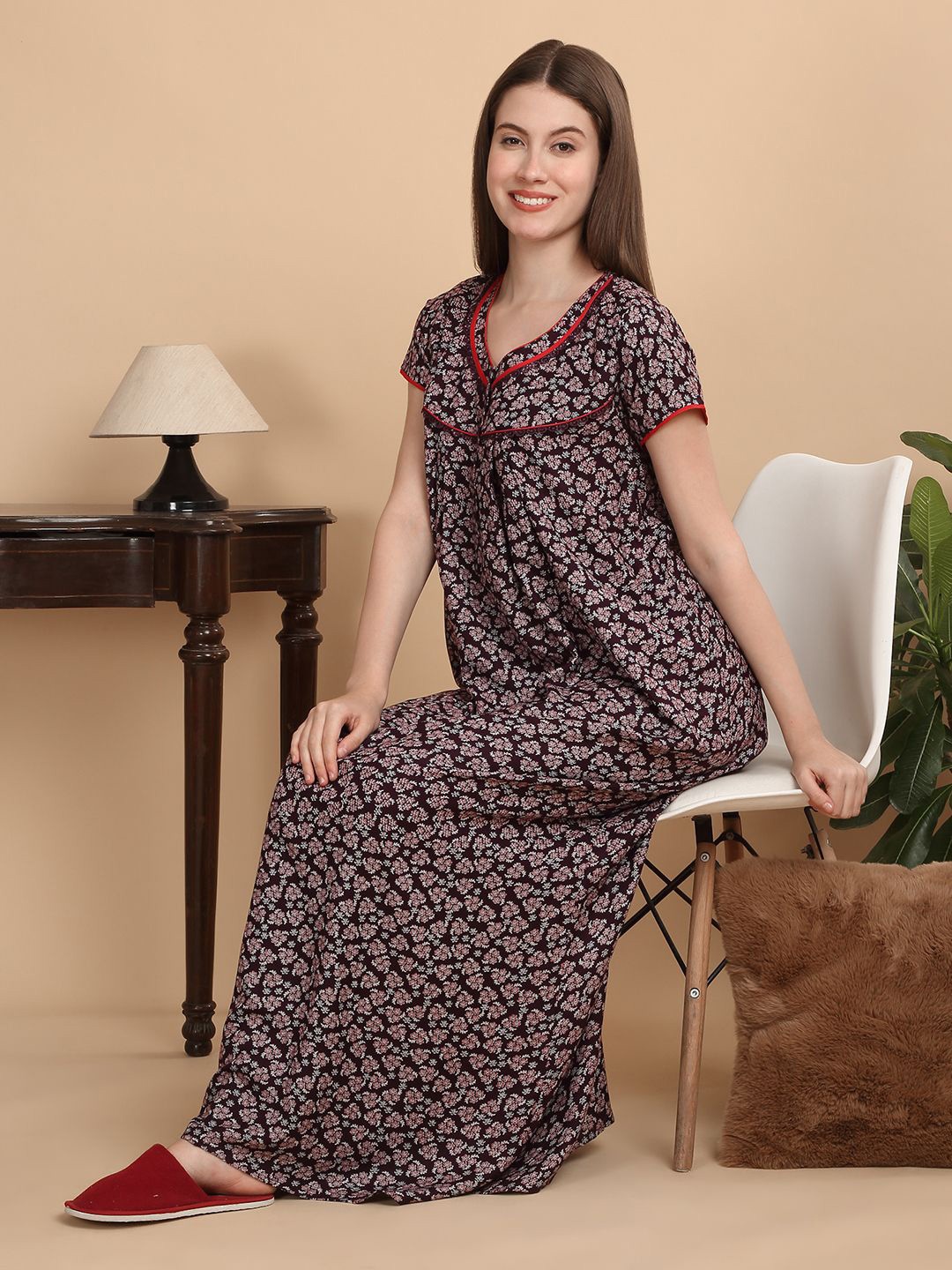 

Sweet Dreams Women Pure Cotton Floral Printed Maxi Nightdress, Brown