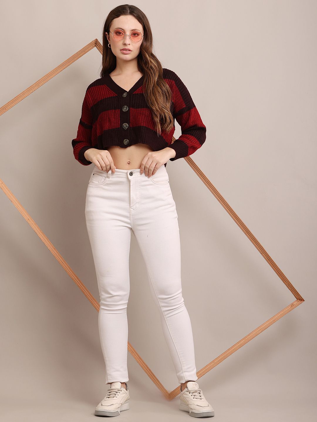 

NoBarr Women Striped V-Neck Cardigan High-Low Sweater, Maroon