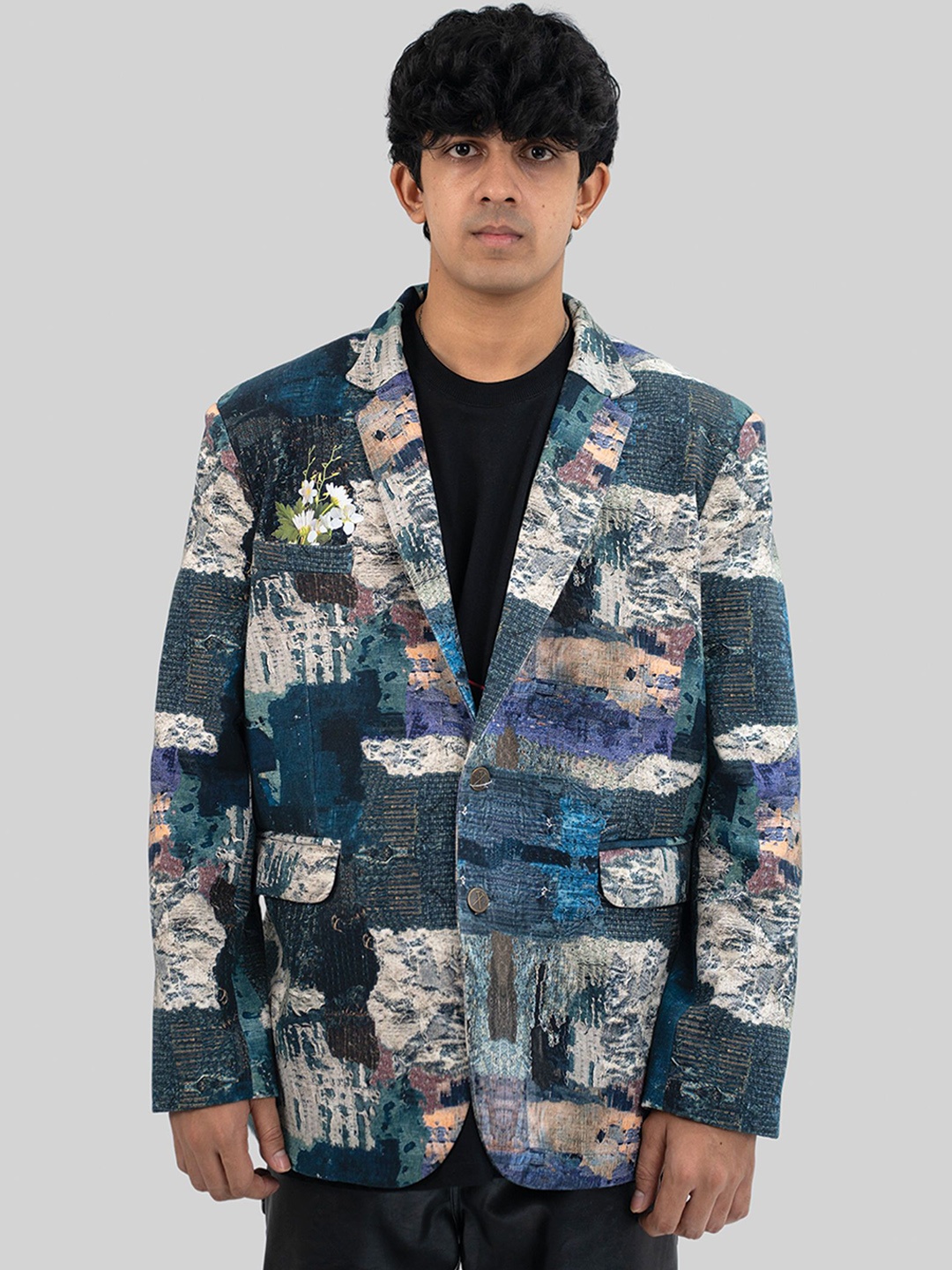 

TOFFLE Unisex Lapel Collar Abstract Printed Denim Casual Open Front Jacket, Grey