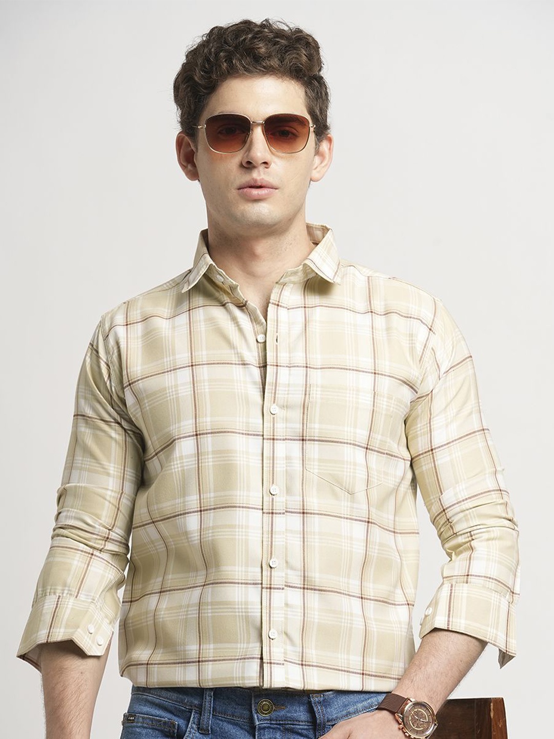 

TRYBUY.IN Men Standard Spread Collar Windowpane Checked Cotton Casual Shirt, Beige