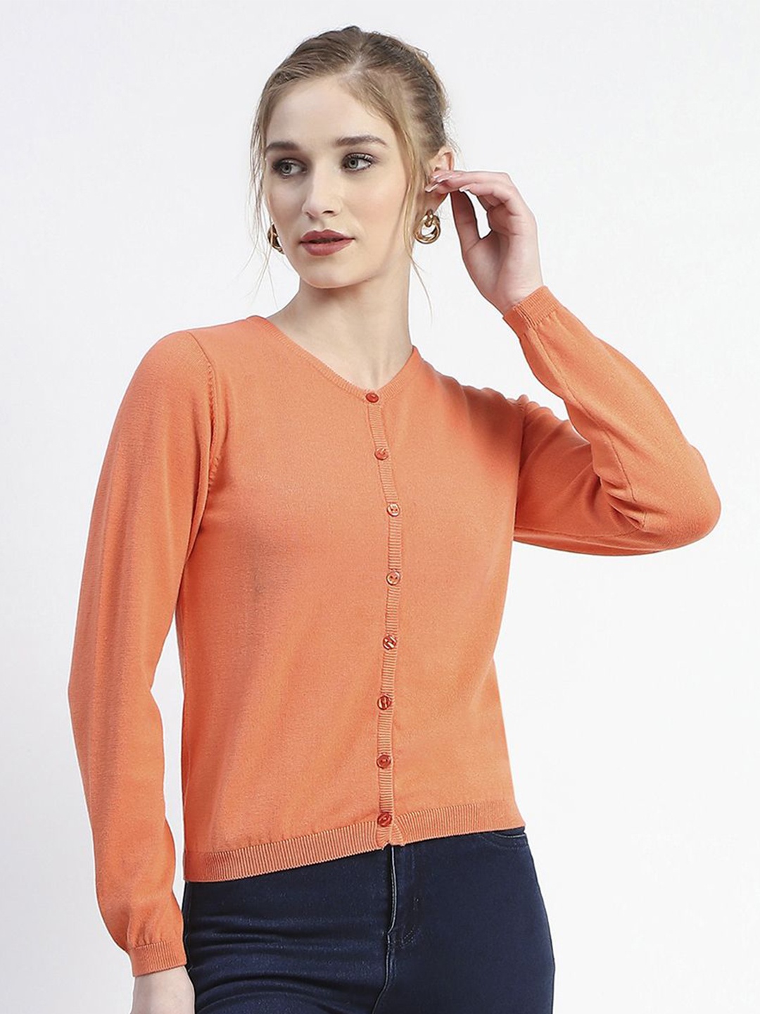 

Madame Women Solid Ribbed Cardigan Sweater, Orange