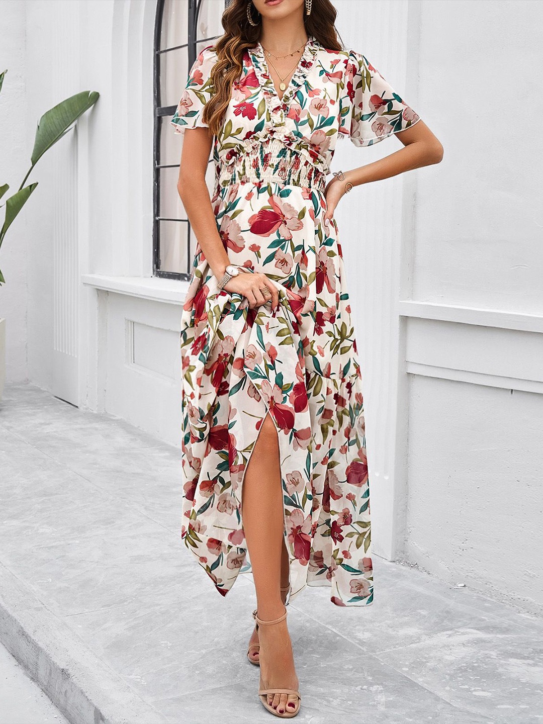 

StyleCast Women Floral Print Puff Sleeve A-Line Maxi Dress, White