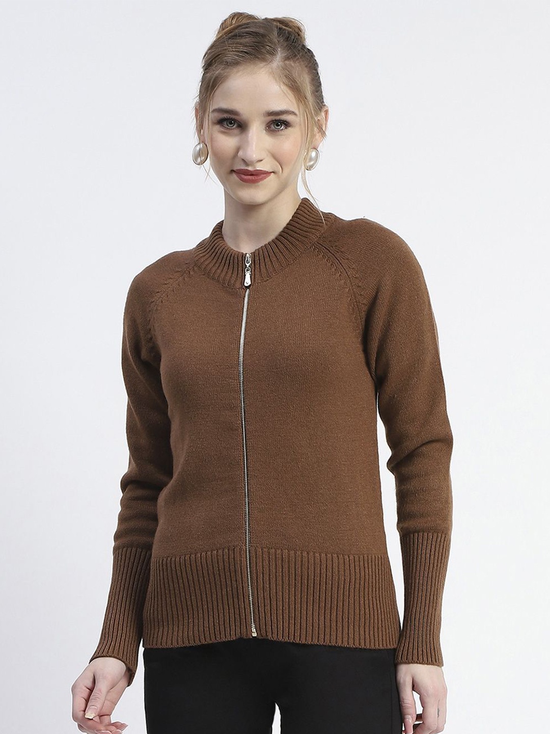 

Madame Women Solid Ribbed Cardigan Sweater, Coffee brown