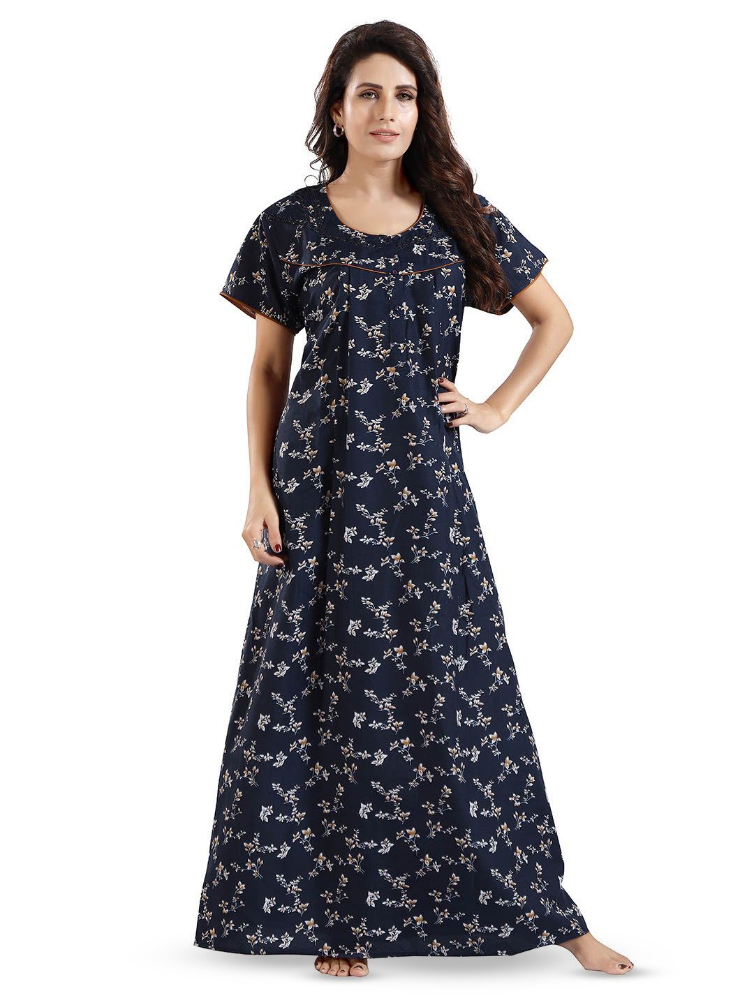 

NIGHT QUEEN Women Printed Round Neck Maxi Nightdress, Navy blue
