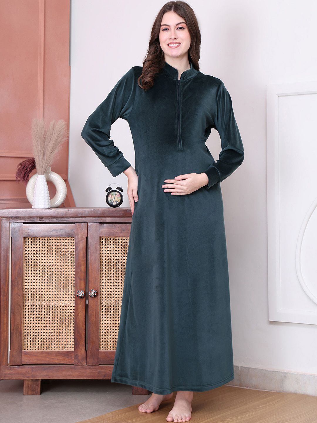 

Secret Wish Women Velvet Woolen Maternity Maxi Nightdress, Green