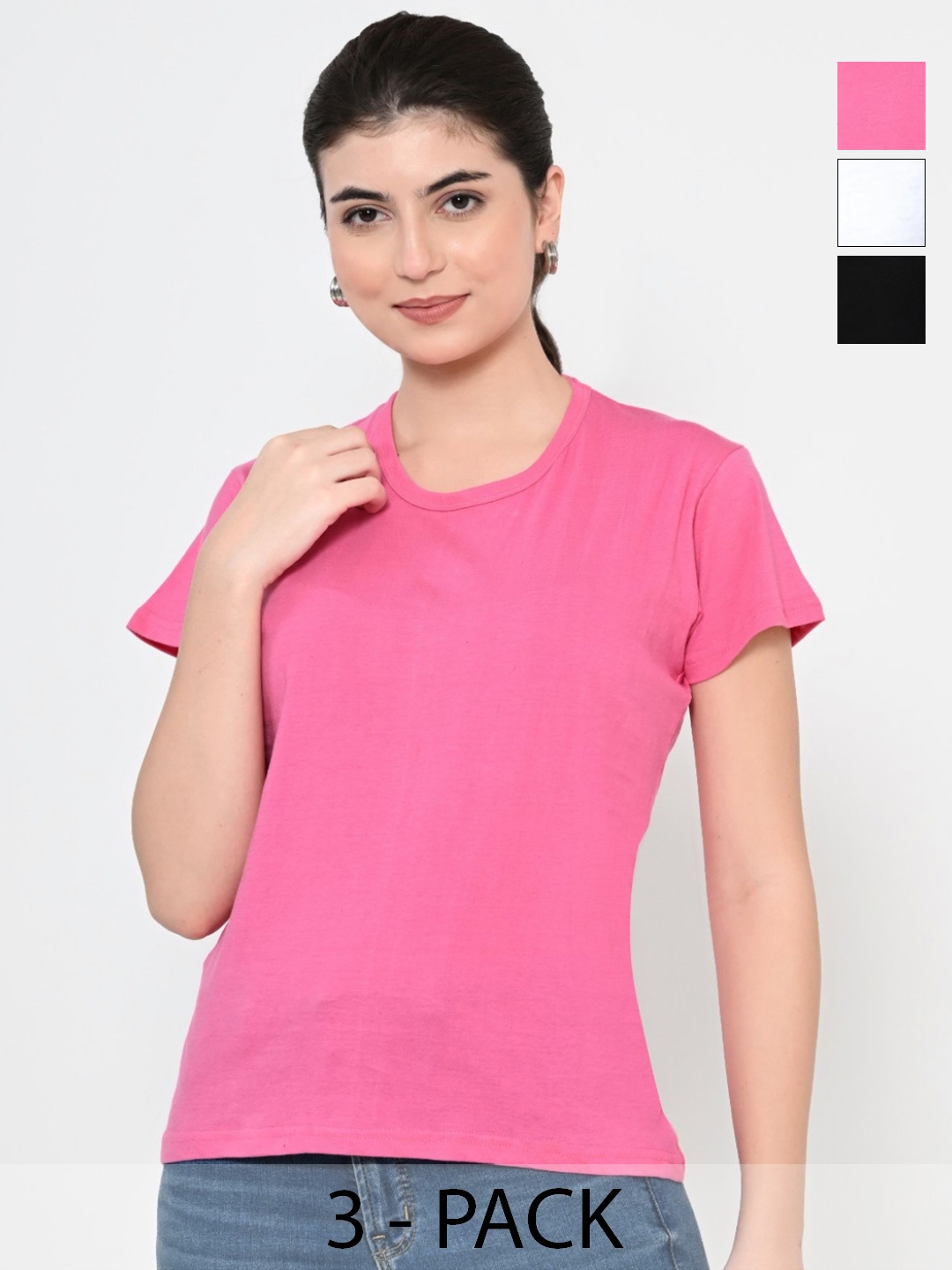 

BAESD Women Pack Of 3 Solid Round Neck Cotton T-shirts, Pink
