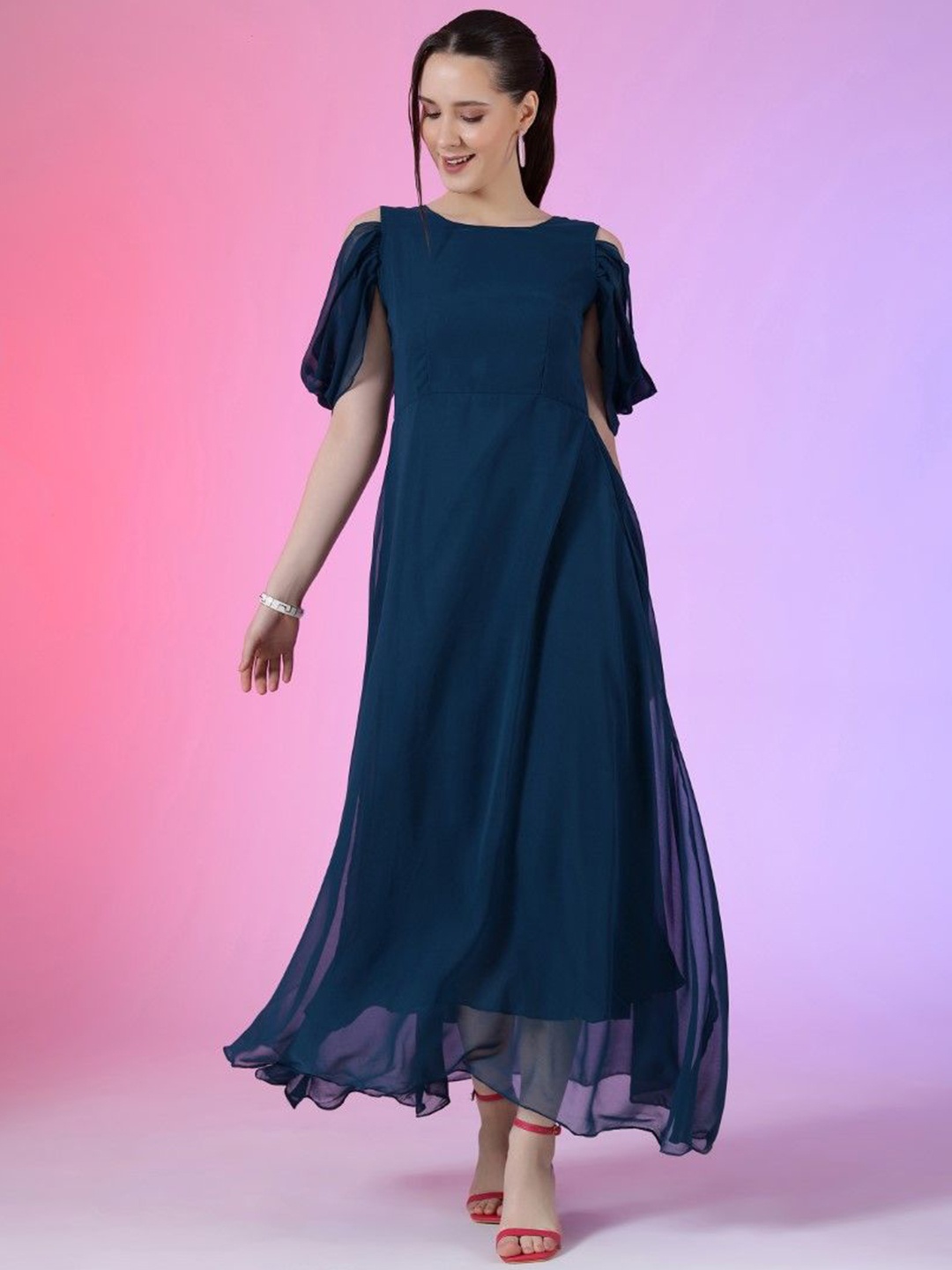 

Krunal Raiyani Women Bell Sleeve Fit & Flare Maxi Dress, Blue