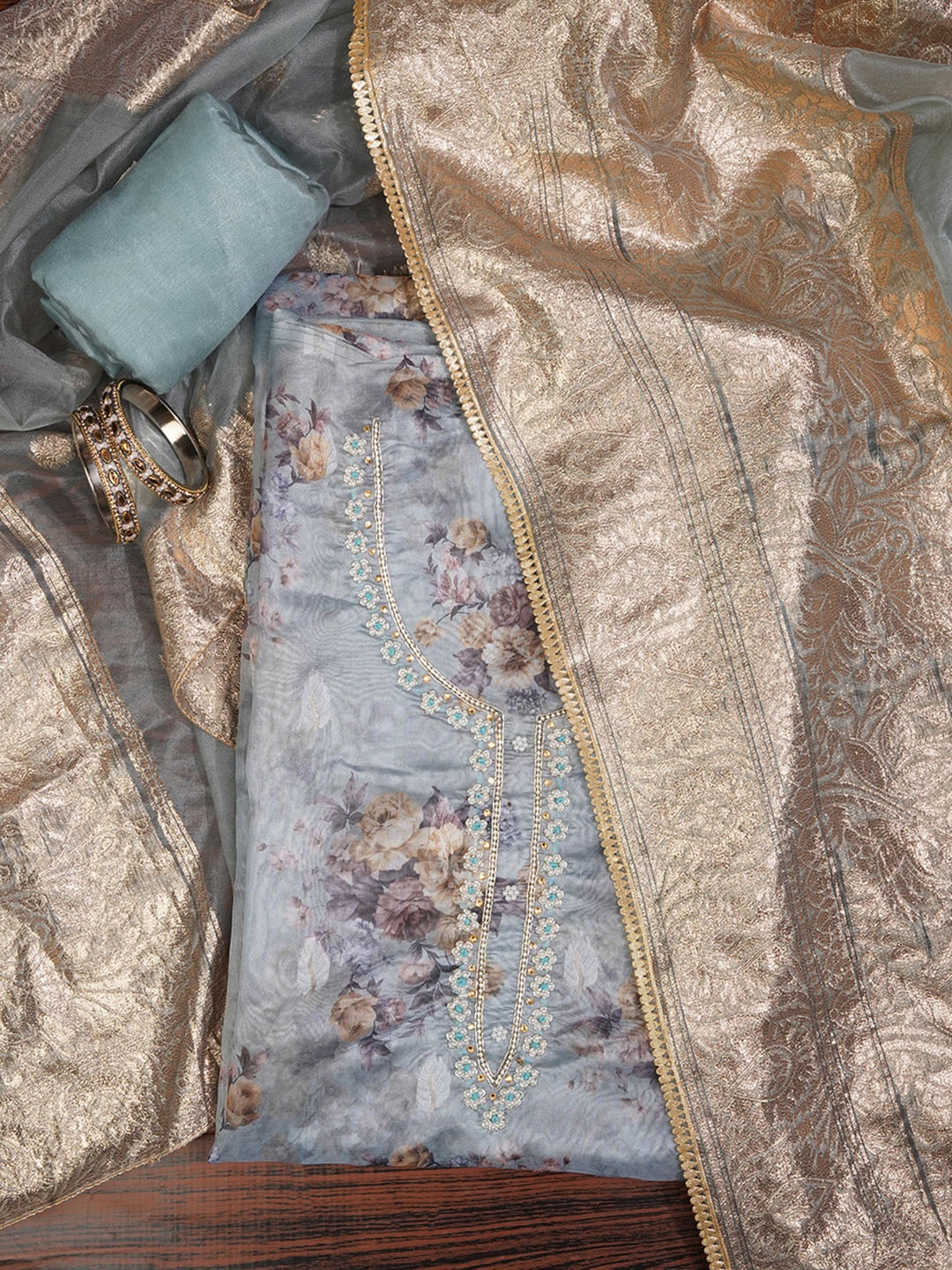 

Jaipur Kurti Floral Embellished Organza Dress Material with Dupatta, Teal
