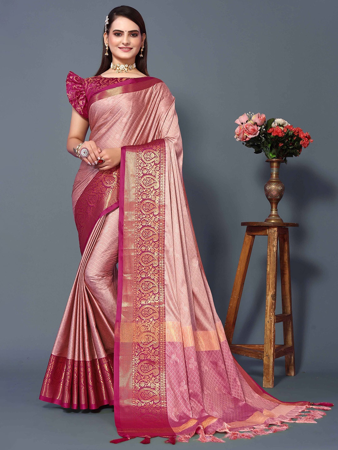 

Rhey Woven Design Zari Pure Silk Banarasi Saree, Rose