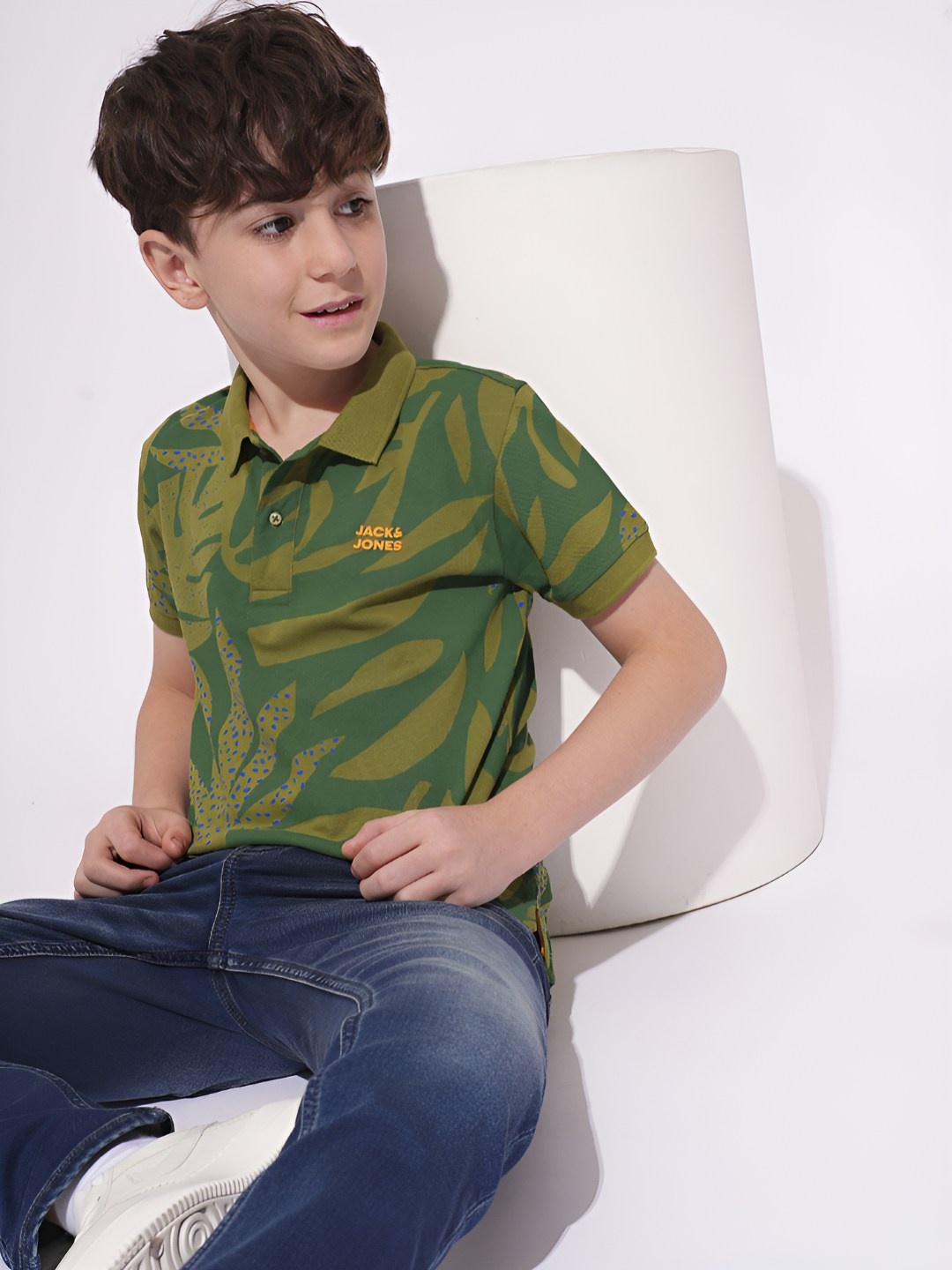 

Jack & Jones Junior Boys Abstract Printed Polo Collar Cotton T-shirt, Green