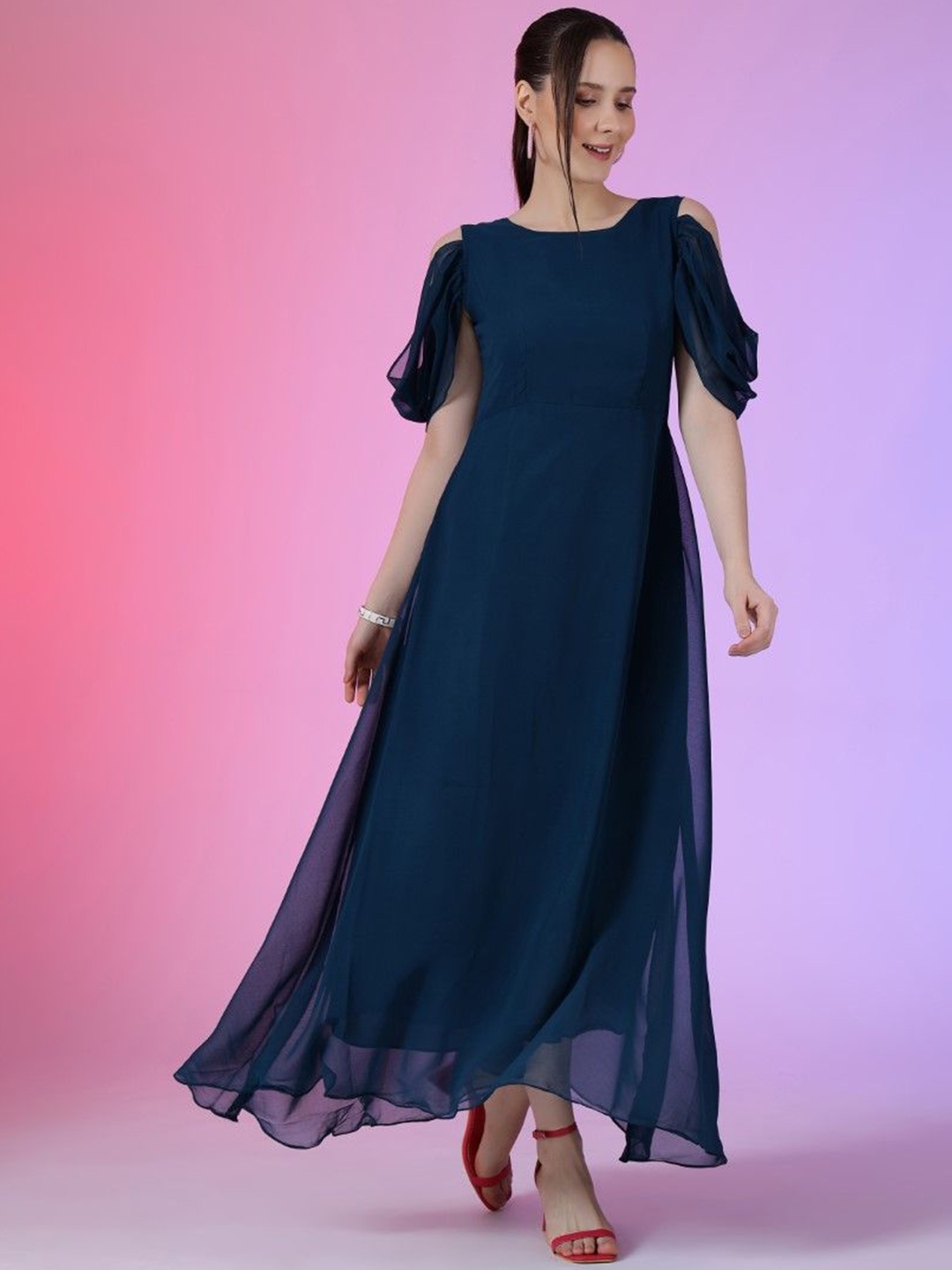 

Krunal Raiyani Georgette Solid Cut-Outs Sleeves Maxi Dress, Navy blue