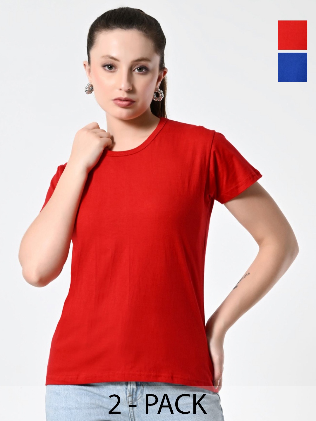 

BAESD Women Pack Of 2 Solid Round Neck Cotton T-shirts, Red