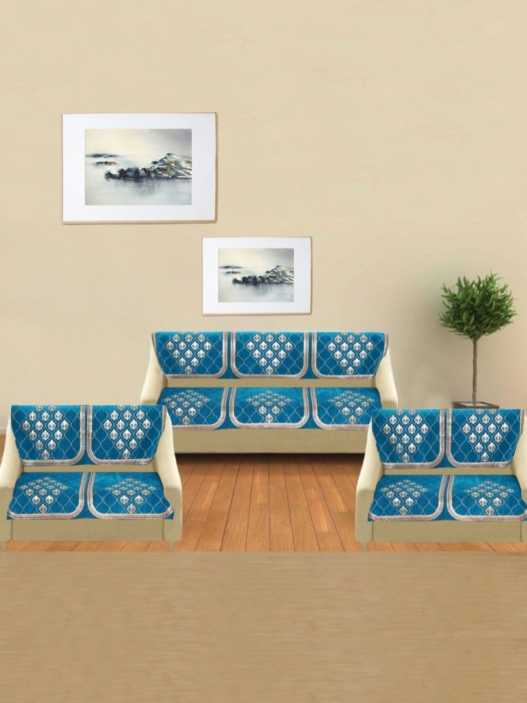 

MORADO Turquoise Blue & Brown 14 Pieces Embroidered 7 Seater Sofa Covers
