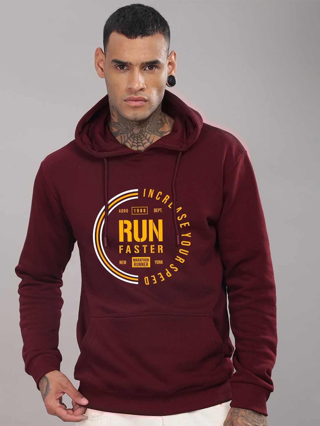 

ADRO Men Typography Printed Hood Cotton Pullover Sweatshirt, Maroon