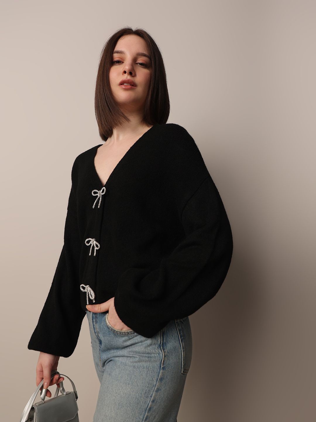 

ONLY Women Solid Ribbed Cradigan Sweater, Black