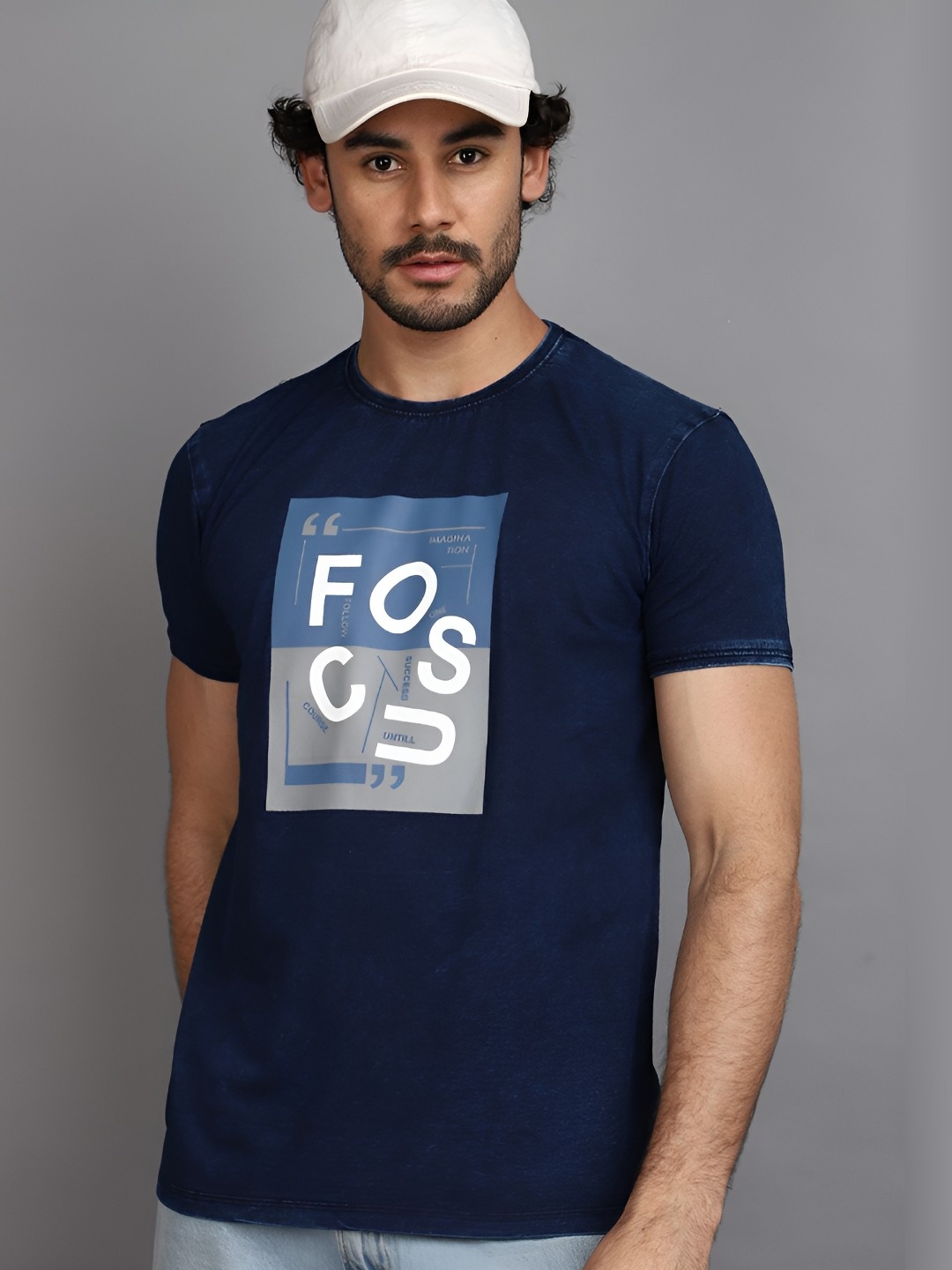 

V-Mart Men Typography Printed Round Neck Cotton T-shirt, Navy blue