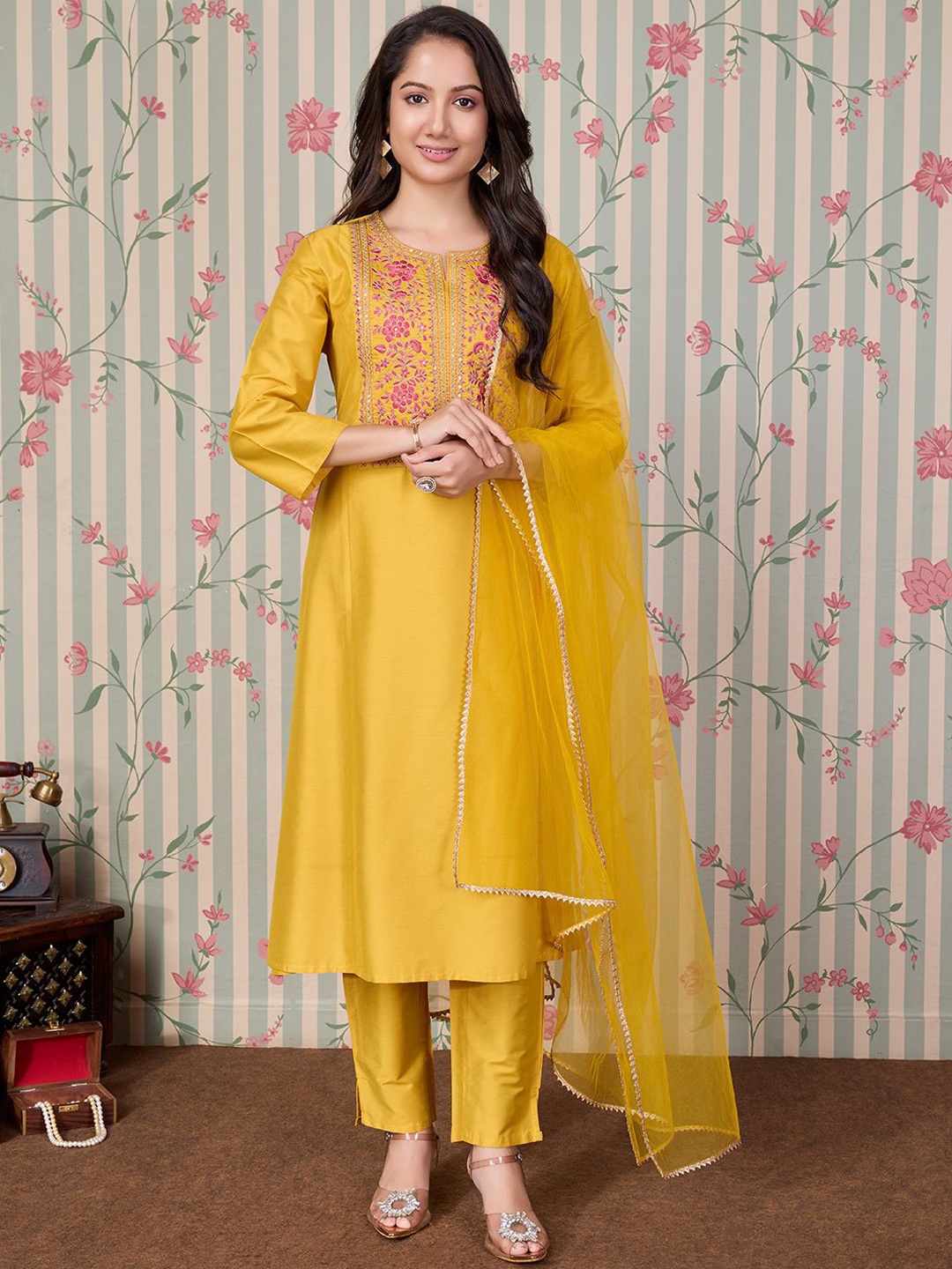 

Ode by House of Pataudi Floral Embroidered A Line Kurta with Trousers & With Dupatta, Mustard