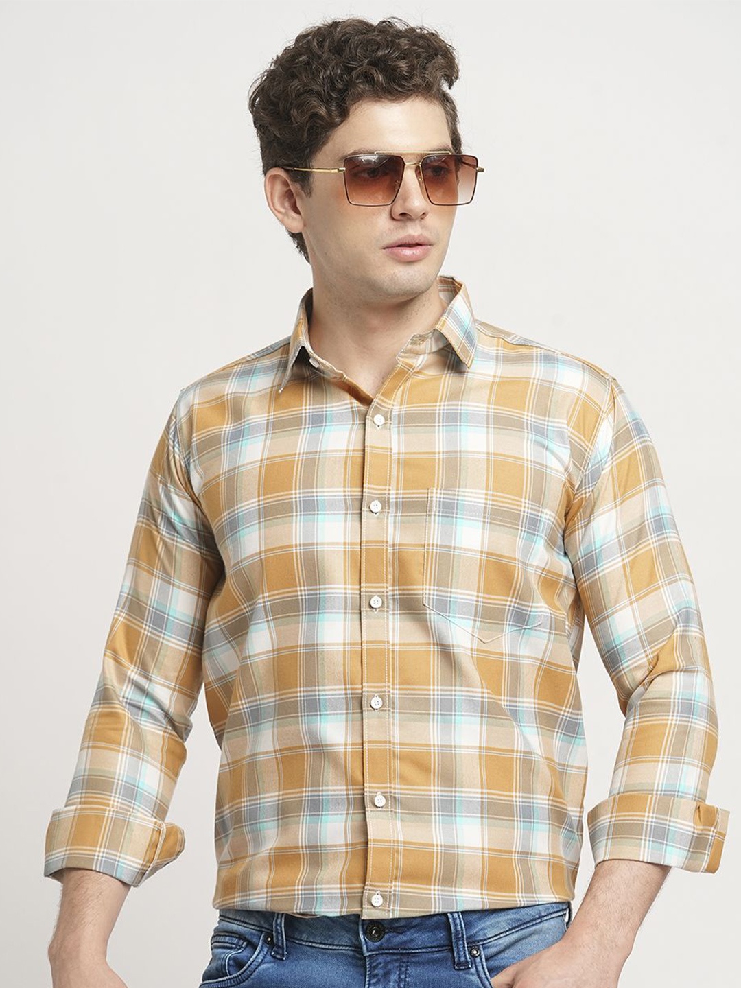 

TRYBUY.IN Men Standard Spread Collar Tartan Checked Cotton Casual Shirt, Orange