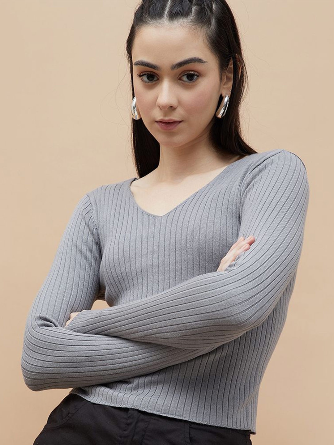 

Ginger by Lifestyle Women Solid V-Neck Top, Grey