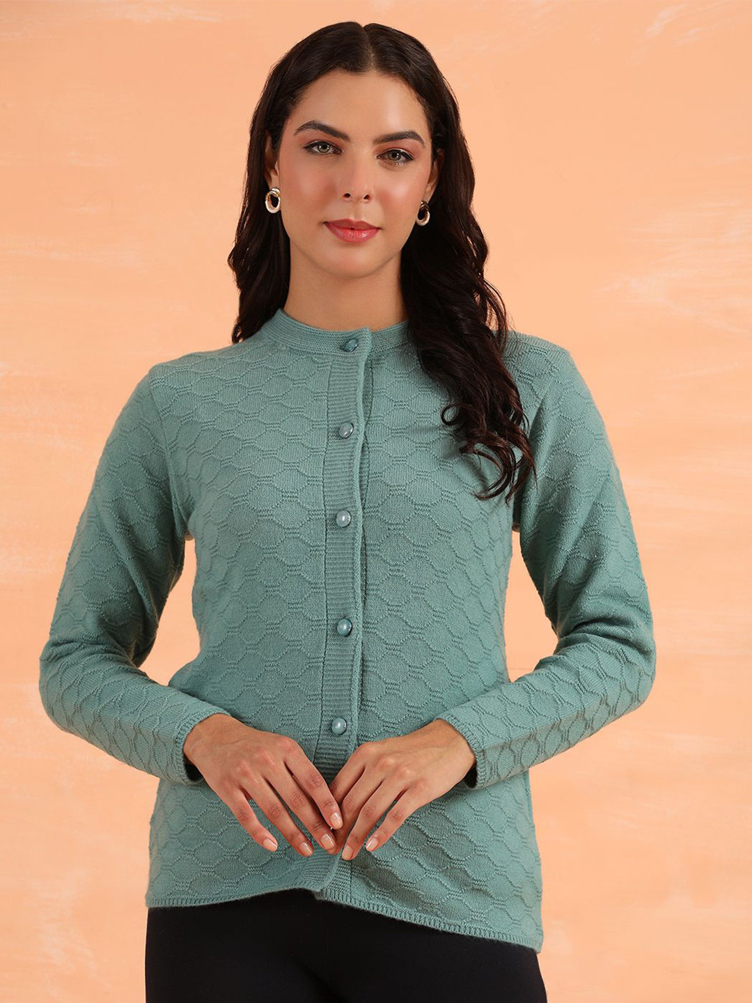 

Cayman Women Self Design Cable Knit Henley Neck Woollen Cardigan Sweater, Turquoise blue