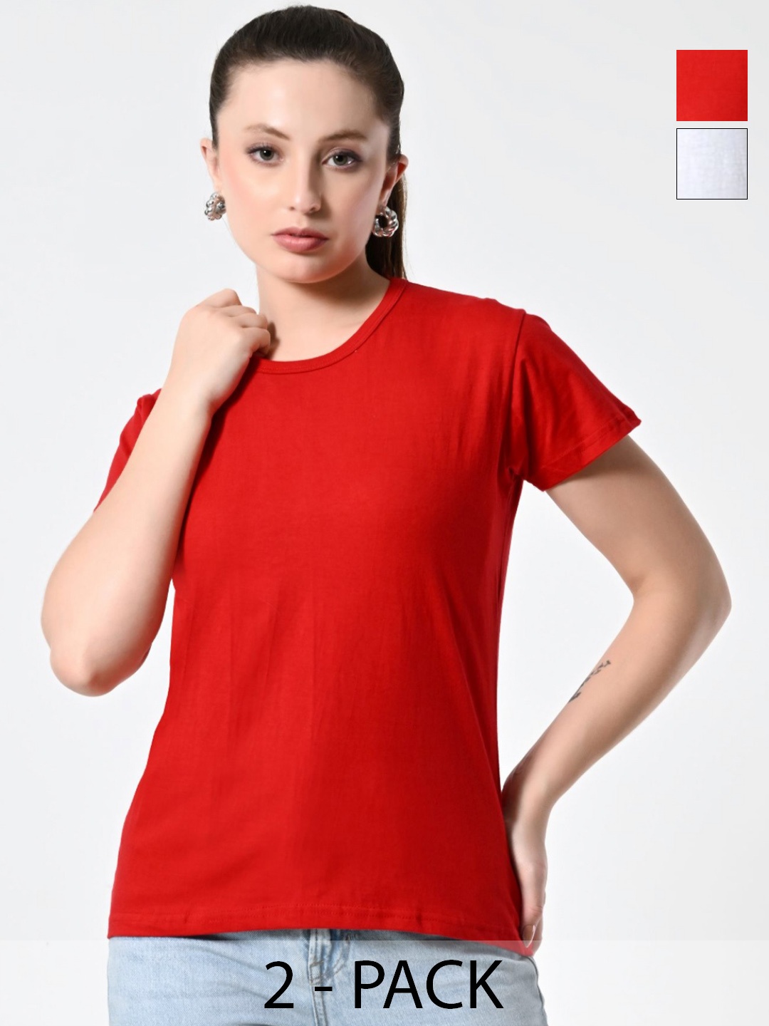 

BAESD Women Pack Of 2 Solid Round Neck Cotton T-shirts, Red
