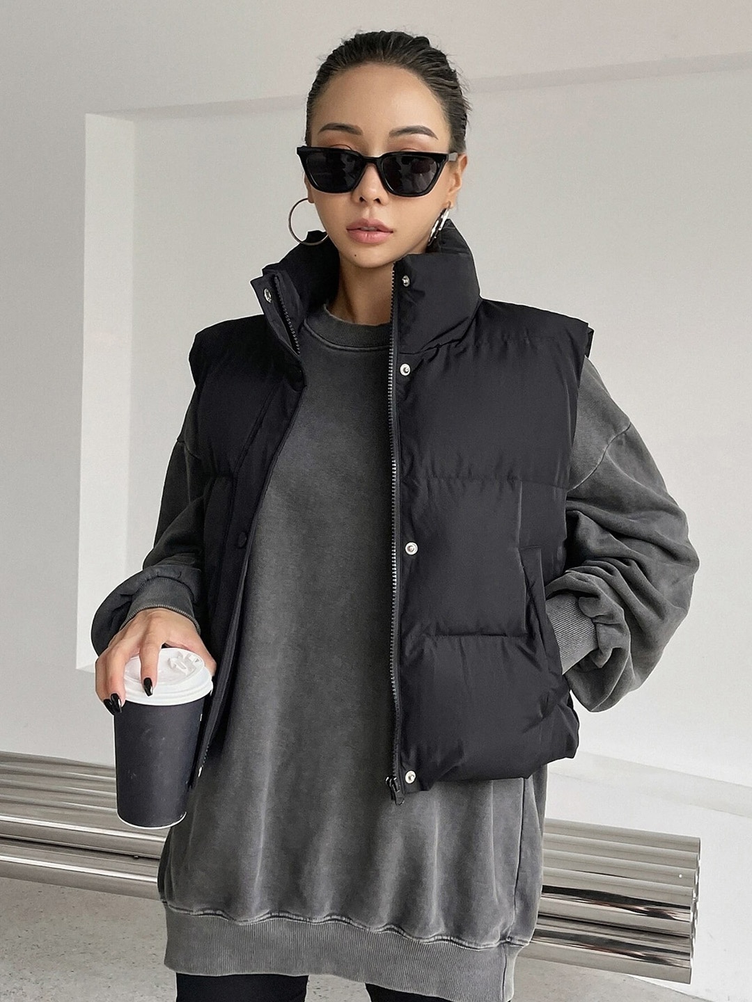 

LA CHIC PICK Women Polycotton Crop Bomber with Patchwork Jacket, Black