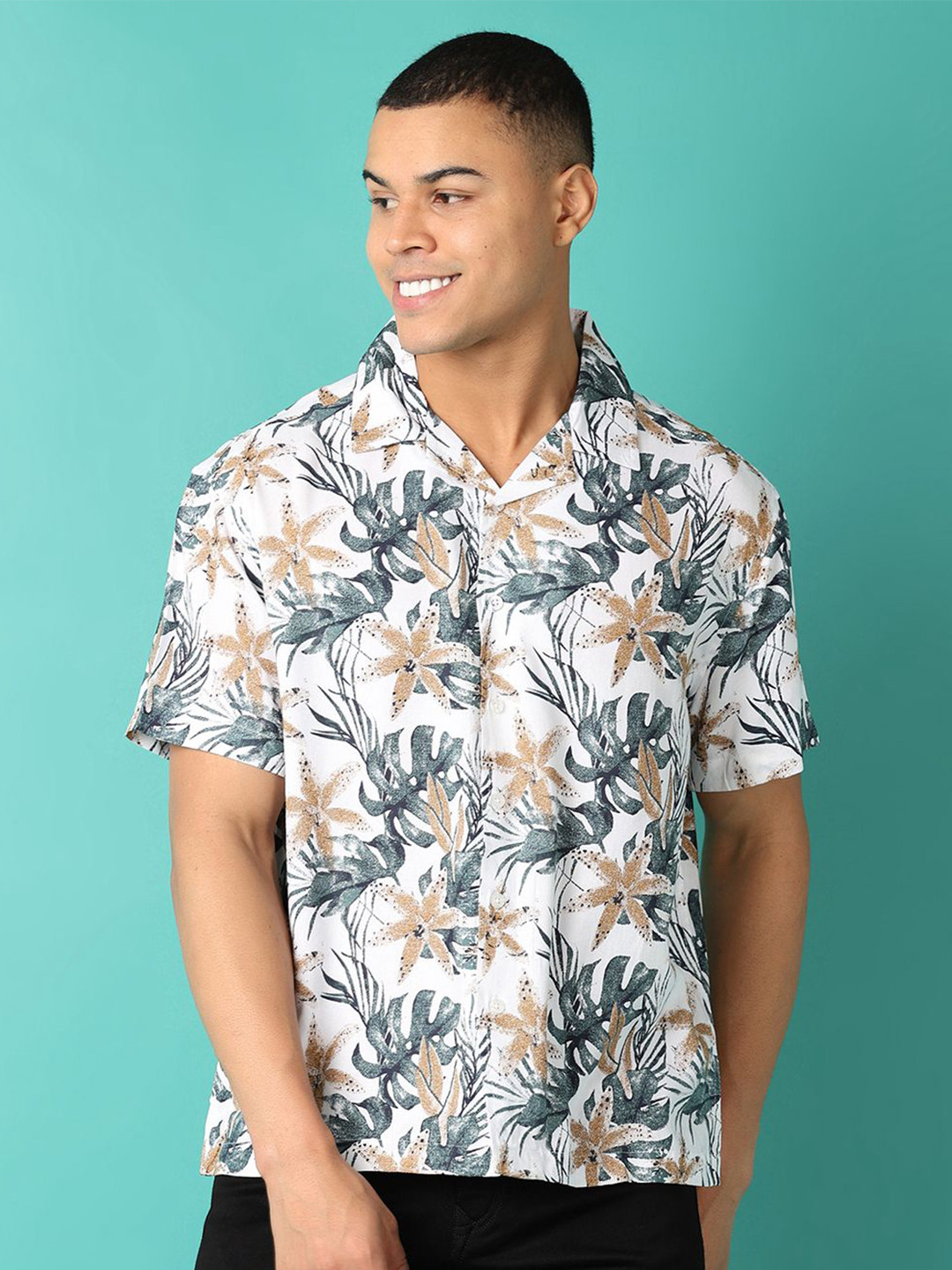 

V-Mart Men Cuban Collar Abstract Printed Casual Shirt, White