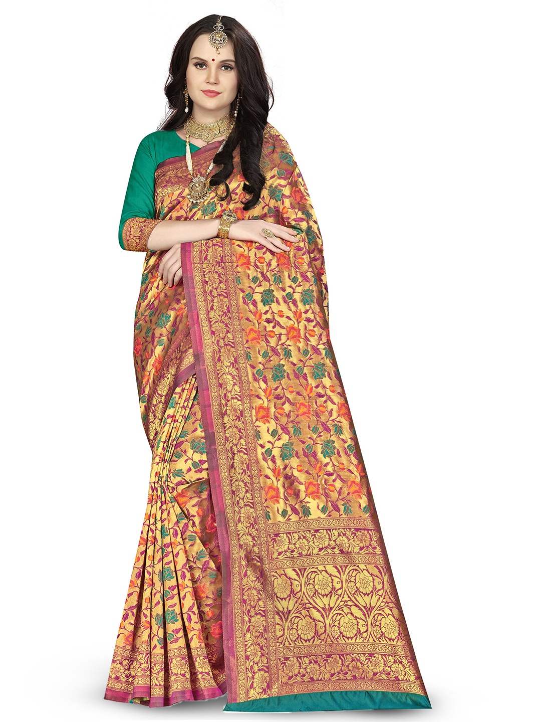 

Maroosh Floral Printed Woven Design Zari Banarasi Saree, Gold