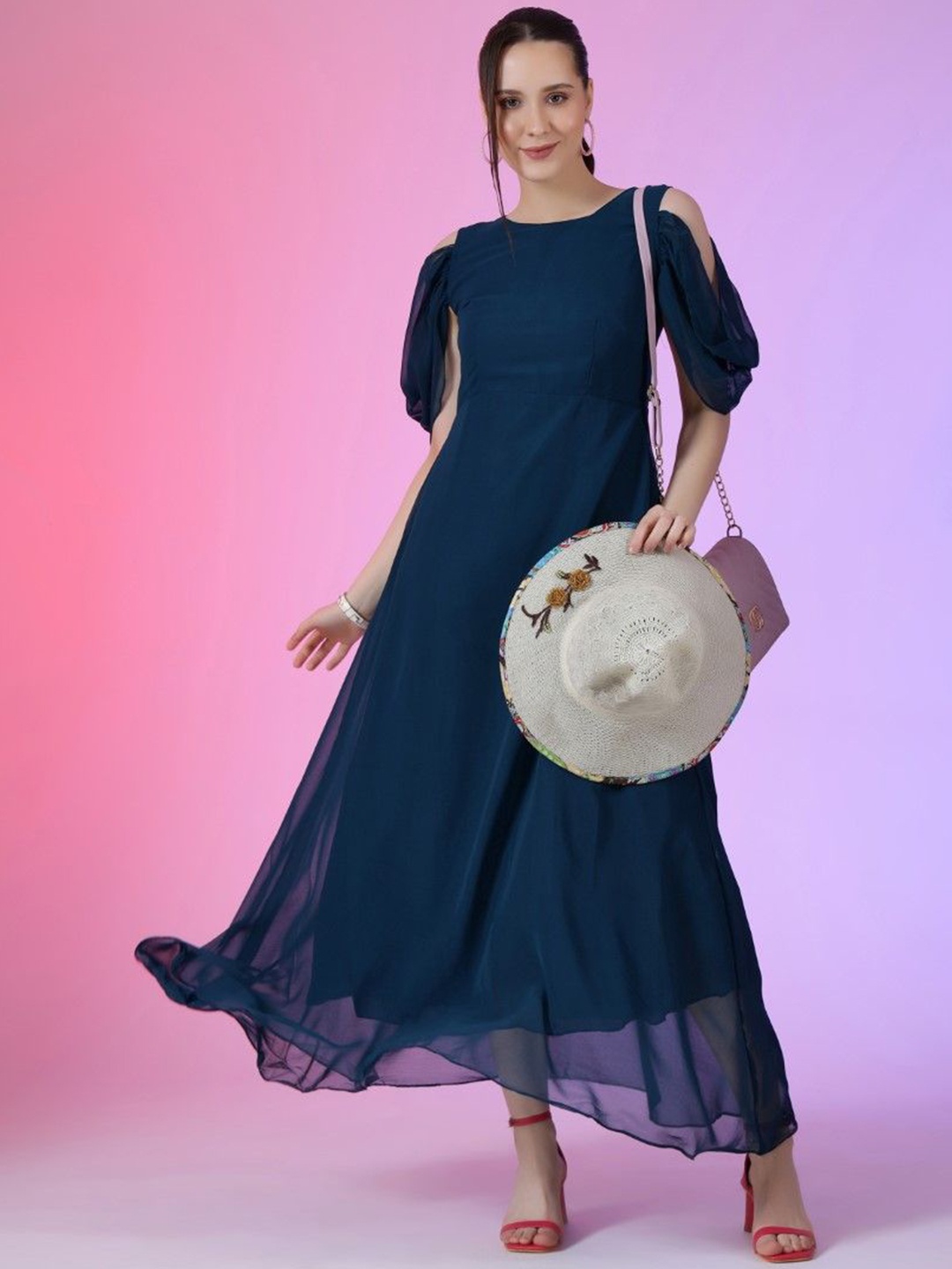 

Krunal Raiyani Women Bell Sleeve Applique Georgette Fit & Flare Maxi Dress, Blue