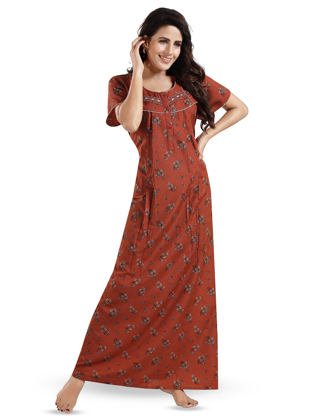

NIGHT QUEEN Women Floral Printed Maxi Nightdress, Orange