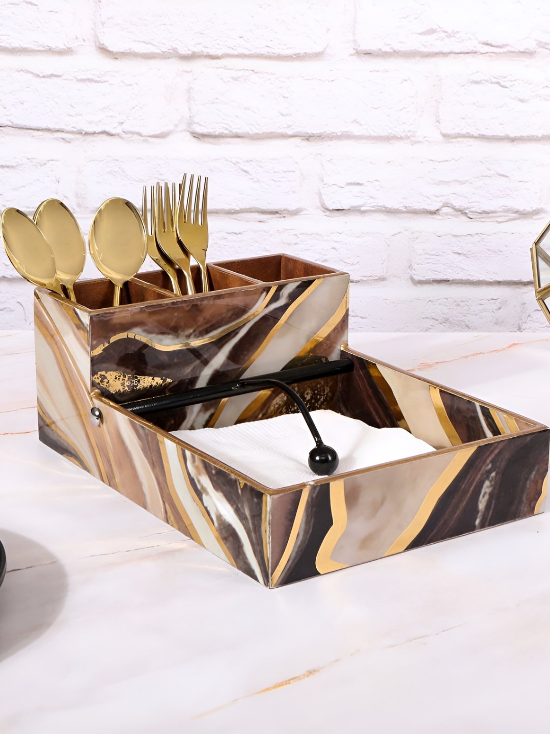

THE HOME CO. Brown & Cream Wood Tissue Holders