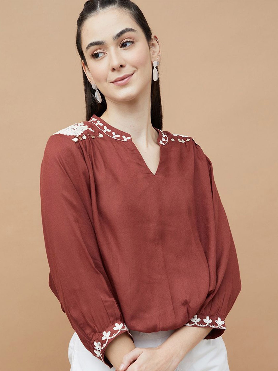

Colour Me by Melange Women Solid Mandarin Collar Top, Brown
