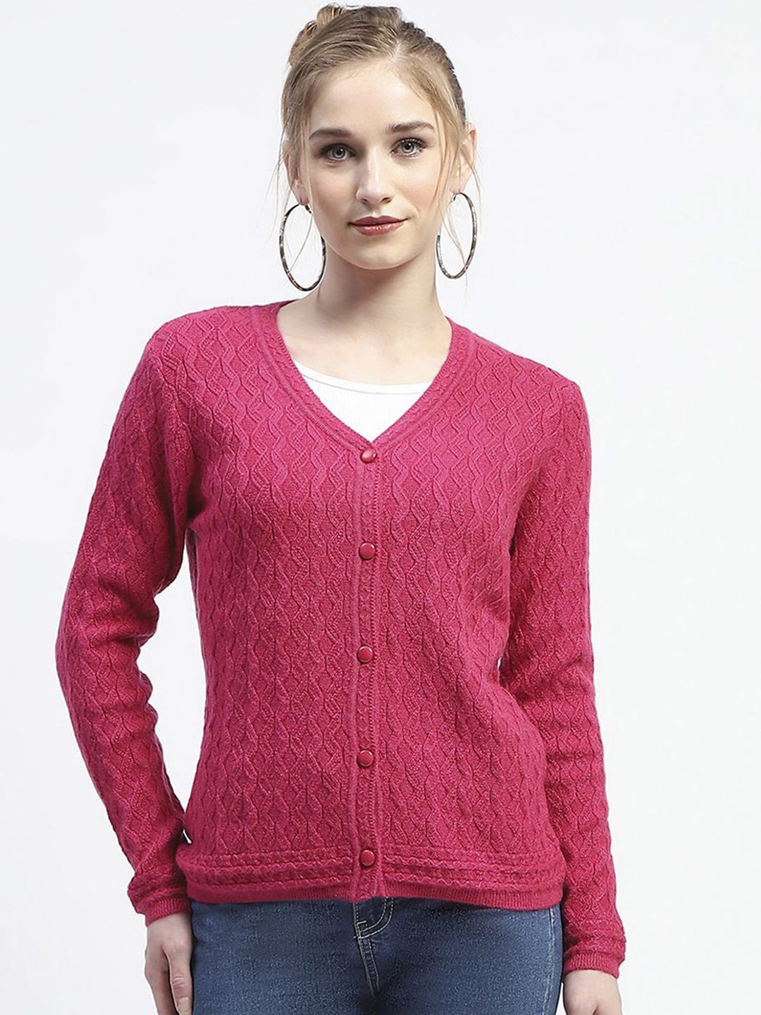 

Madame Women Self Design Ribbed Cardigan Sweater, Magenta