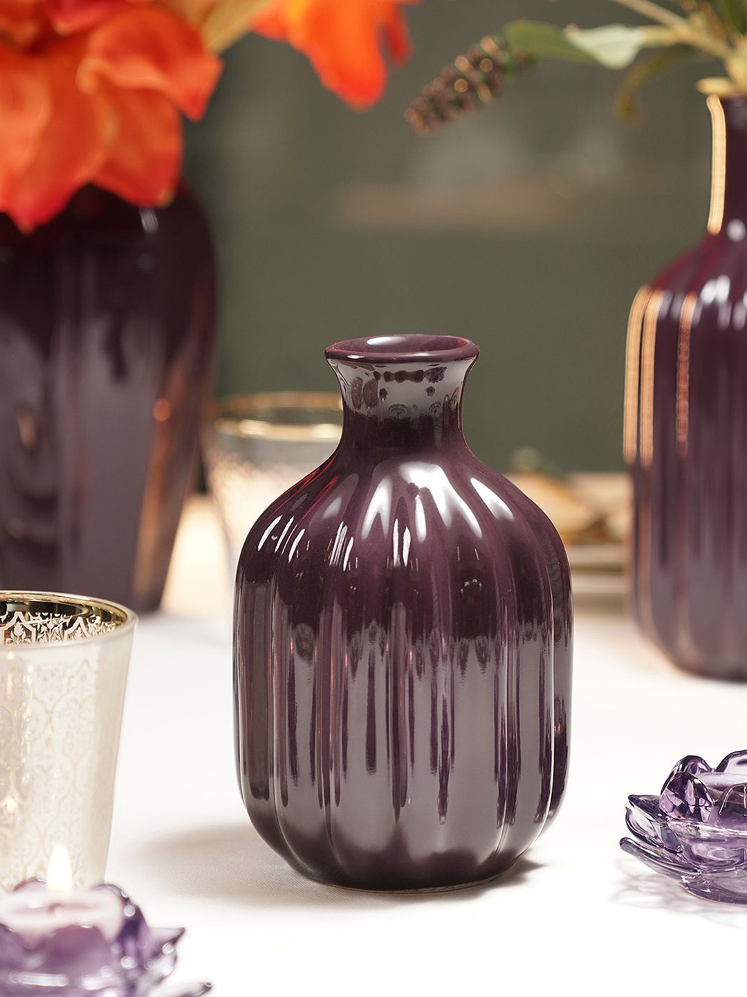 

Pure Home and Living Dark Purple Ceramic Ribbed Flower Vases